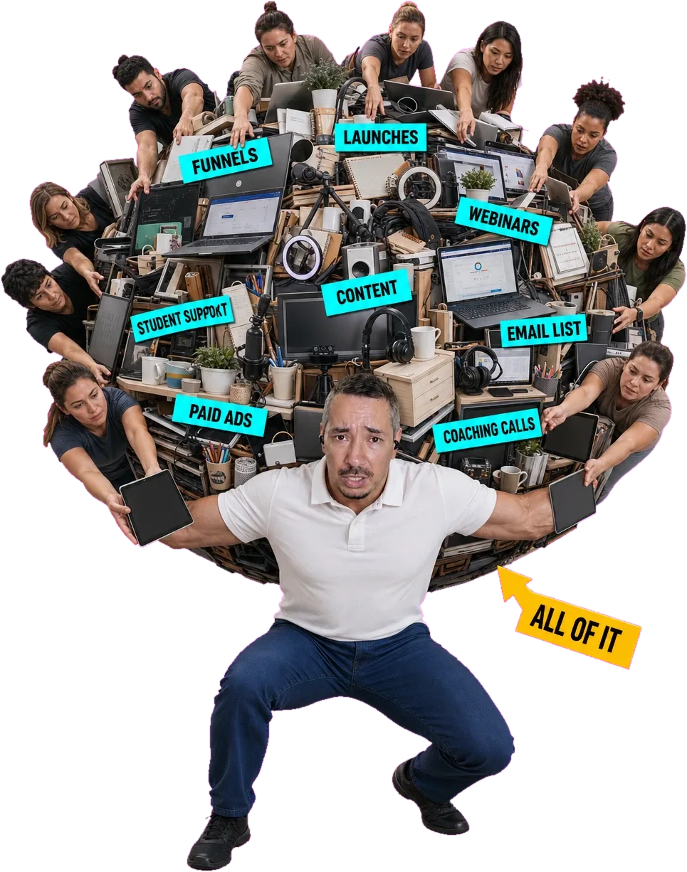 A founder squatting under a globe built from filing cabinets labelled Sales, Hiring, Finance, Support, Delivery, Marketing and Operations, with staff on every side holding out paperwork, and an arrow reading ALL OF IT