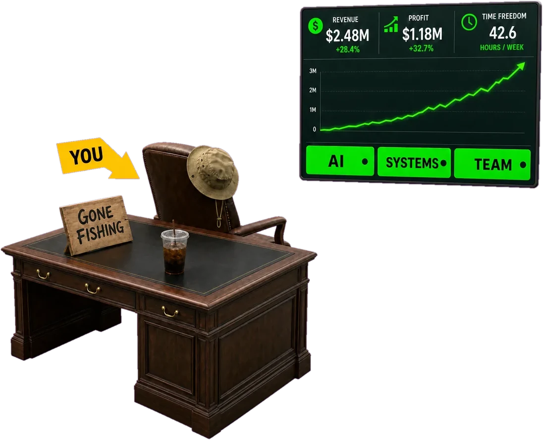 An empty executive desk with a GONE FISHING sign and a fishing hat on the chair, an arrow labelled YOU pointing at it, and a dashboard beside it showing revenue, profit and hours per week all climbing