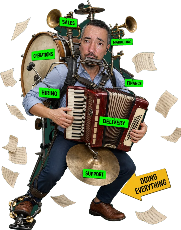 A one-man band buried under instruments labelled Sales, Marketing, Operations, Hiring, Finance, Delivery and Support, with an arrow reading DOING EVERYTHING