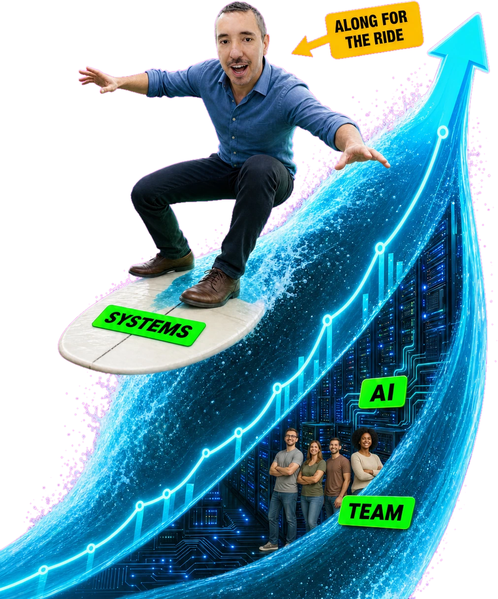 Janez surfing a rising green wave on a board labelled SYSTEMS, with AI machinery and a smiling team inside the wave, beside an arrow reading ALONG FOR THE RIDE