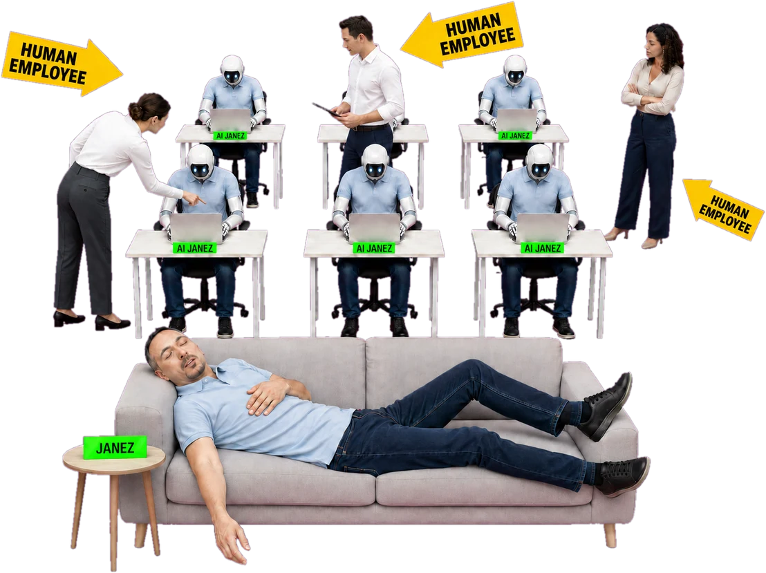Fast asleep on a couch in the foreground while six robots in his own polo and jeans work at six laptops behind him, every desk plate reading AI JANEZ and his own reading JANEZ &mdash; and three people in shirts and tailored trousers run the floor, each tagged HUMAN EMPLOYEE