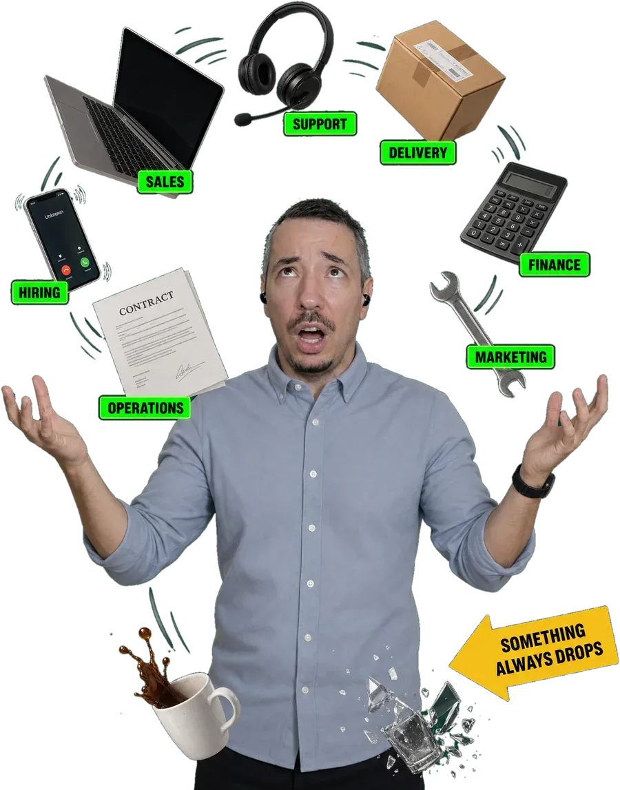 A founder juggling a laptop, phone, headset, parcel, calculator, wrench and contract labelled Sales, Hiring, Support, Delivery, Finance, Marketing and Operations — a cup is already falling, beside an arrow reading SOMETHING ALWAYS DROPS