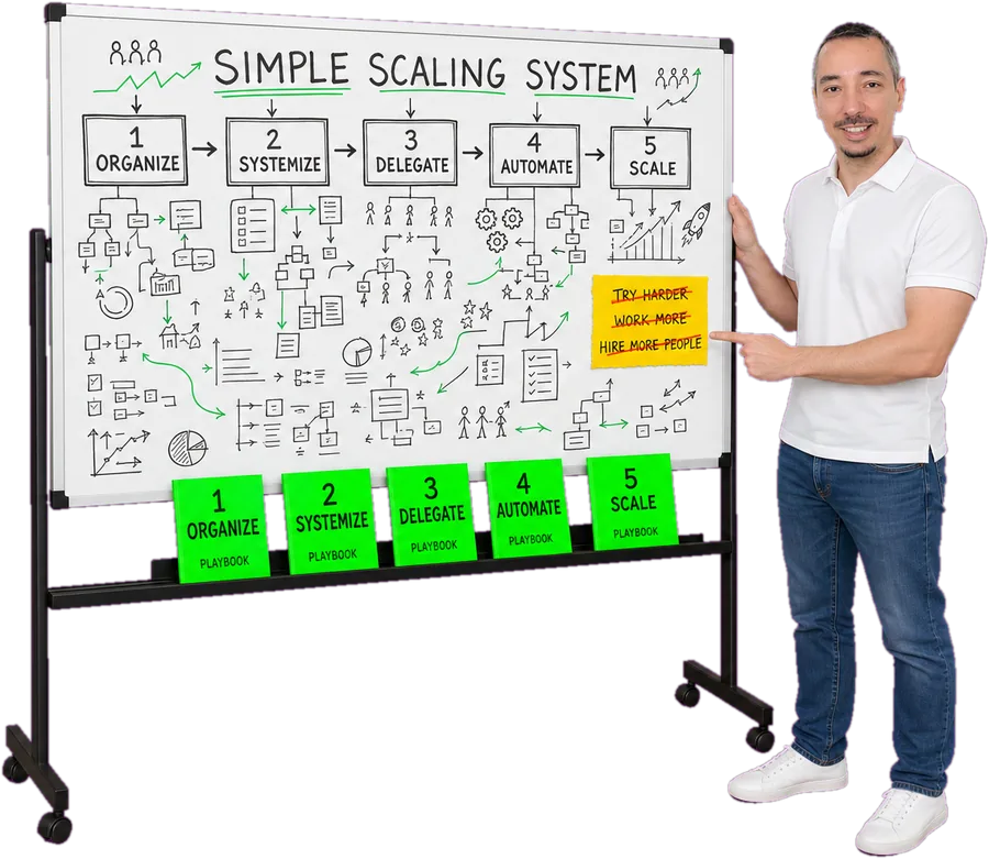 Janez beside a whiteboard showing the Simple Scaling System — the five stages Organize, Systemize, Delegate, Automate and Scale, with a playbook for each