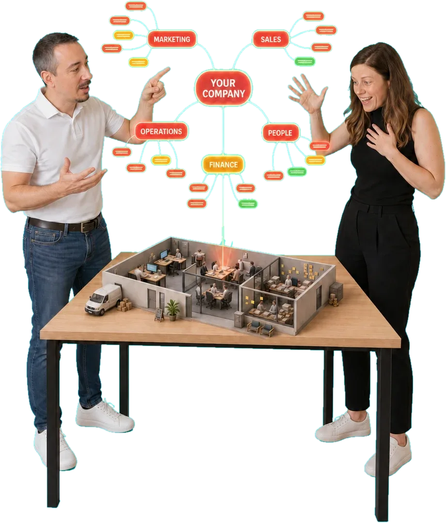 Janez and a client at a standing table, laughing over a miniature cutaway office as a glowing red company mind map — Your Company, branching into Marketing, Sales, Operations, People and Finance — floats above it