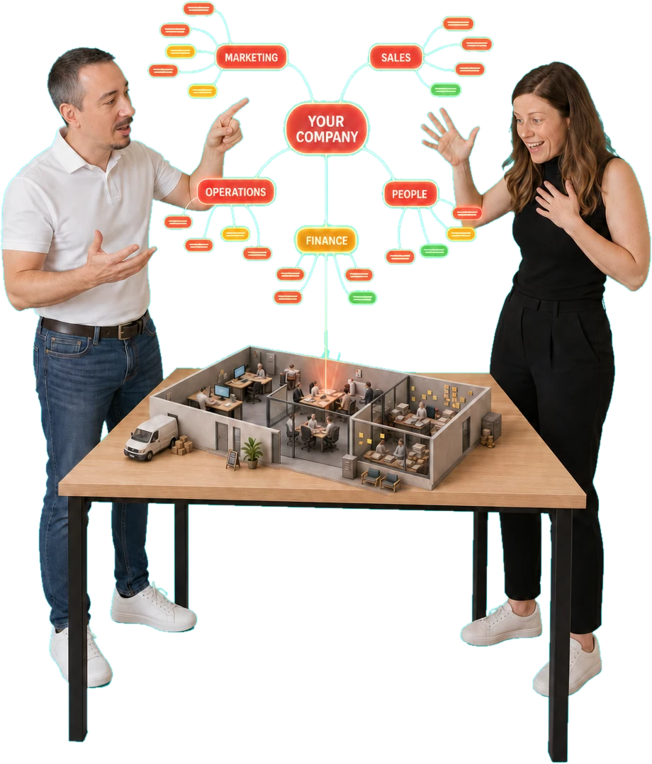 Janez and a client at a standing table, laughing over a miniature cutaway office as a glowing red company mind map — Your Company, branching into Marketing, Sales, Operations, People and Finance — floats above it